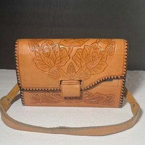 Hand Tooled Brown Leather Purse Bag Floral Pymsa Rustic Elegance Boho Western